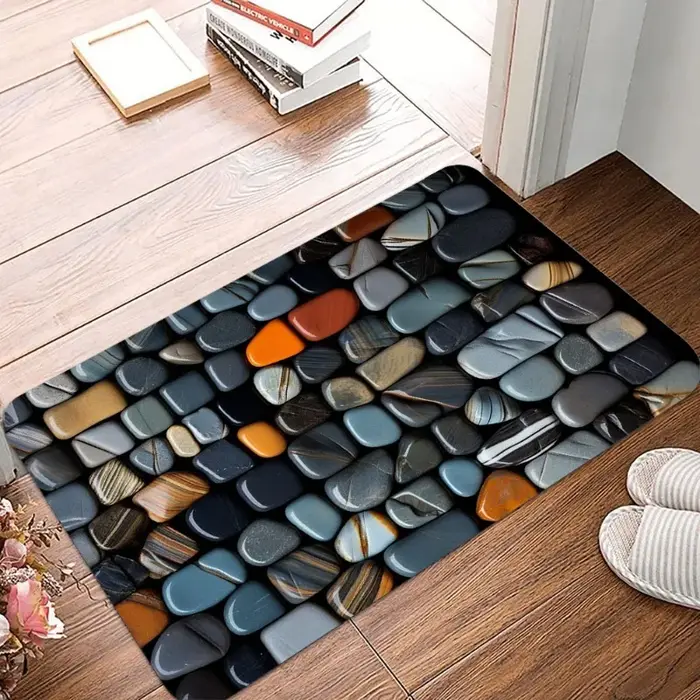 Tapis de sol antidérapant avec impression de pierres et de carrelage, imperméable, facile à nettoyer