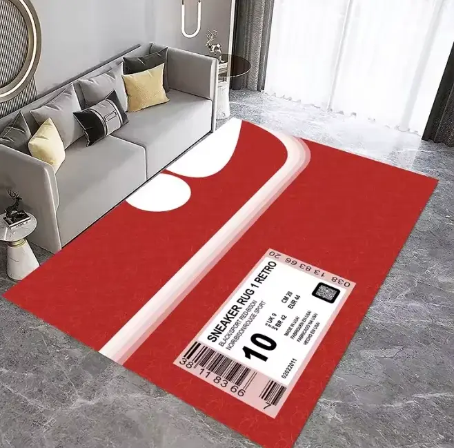 Tapis de sol culture sneaker, tapis de décoration intérieure avec typographie streetwear urbaine, tons noir et rouge, pour salon et chambre à coucher