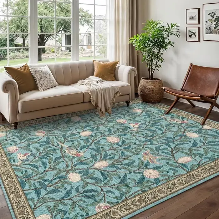 Tapis de salon bohème beige motif plante et oiseau