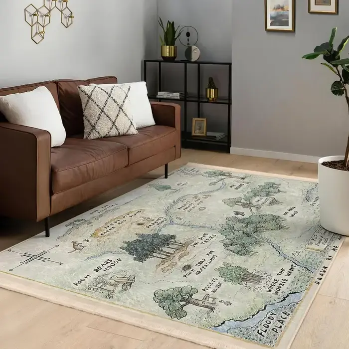 Tapis vintage Winnie l'ourson avec motif de la carte de Hundred Acre Wood