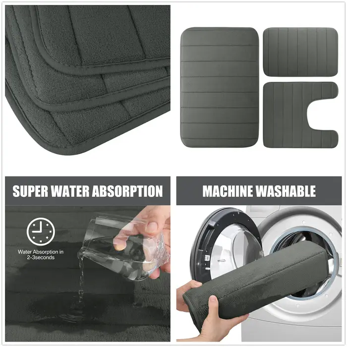 Tapis de bain en mousse à mémoire de forme, ensemble de 1/2/3 pièces, antidérapant, pour salle de bain, Absorption rapide de l'eau, lavable en Machine, doux et confortable
