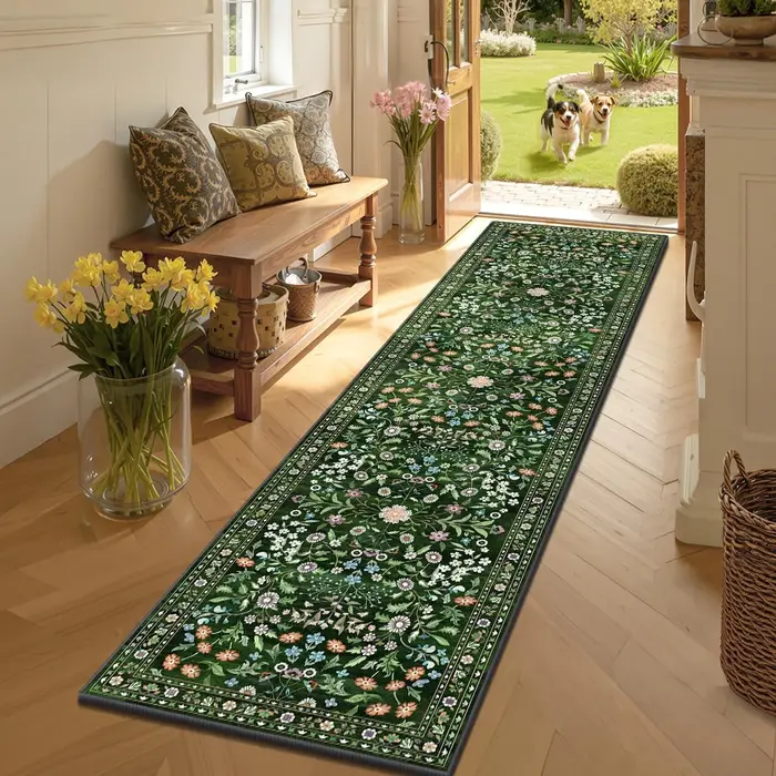 Tapis de couloir vintage vert à motif floral