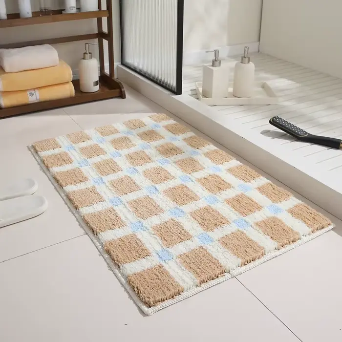 VIKAMA Tapis de salle de bain à carreaux vert et blanc