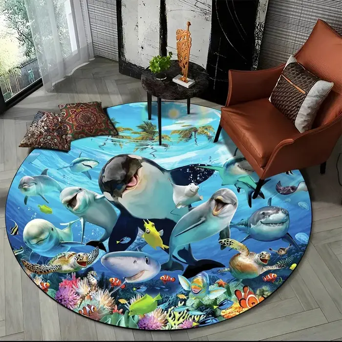Tapis rond de dessin animé de dauphin du monde sous-marin, antidérapant, pour salon, chambre à couch