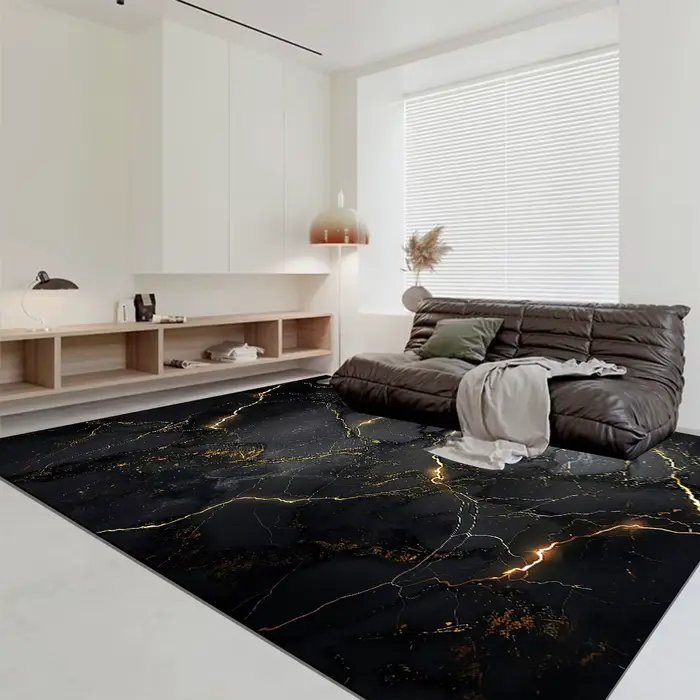 Tapis abstrait moderne de luxe bleu sarcelle avec veines de marbre doré pour salon et chambre à coucher