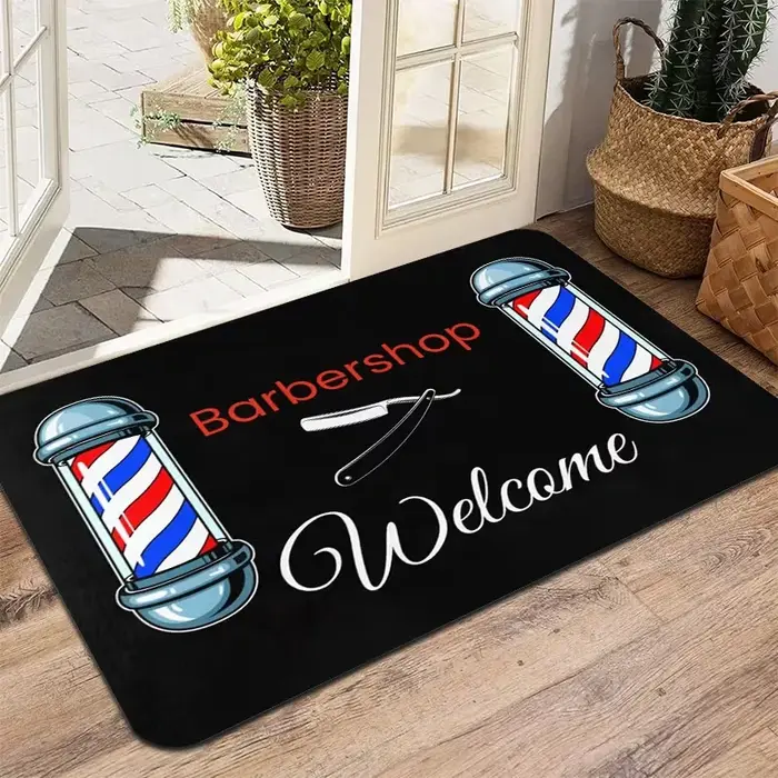Tapis de sol thème barbier, avec motif rasoir et lumière rotative, 'Barbershop Welcome', tapis rétro