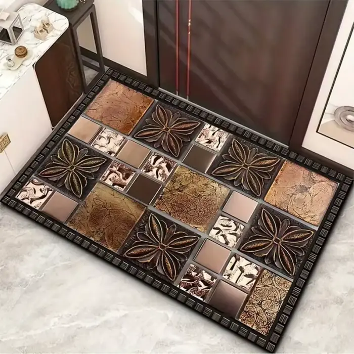 Tapis de sol en feutre beige vintage à motif de chat de dessin animé et bordure de fleurs sauvages