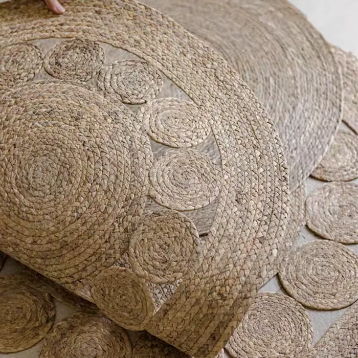 Tapis Rond Tissé en Polymère et Rotin Naturel