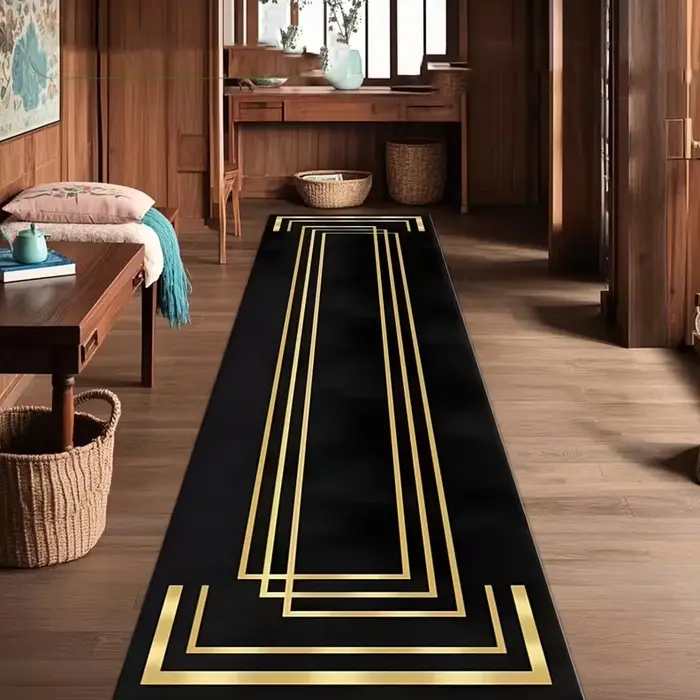 Tapis de course géométriques modernes noirs et dorés avec antidérapant, adaptés au salon, à la chamb