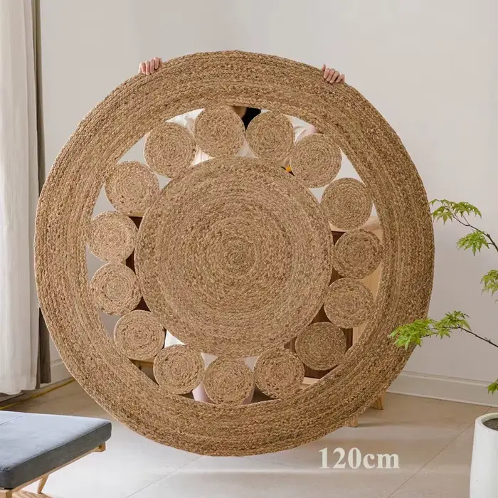 Tapis Rond Tissé en Polymère et Rotin Naturel
