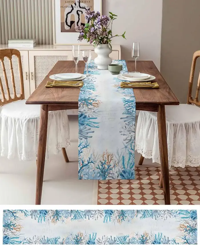 Chemin de Table en lin bleu côtier