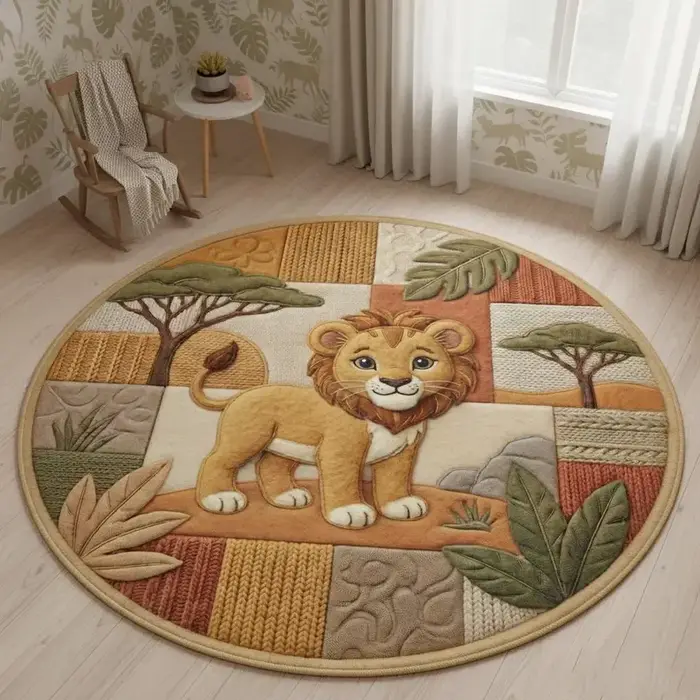 Tapis rond pour chambre d'enfant avec motif de lion, éléphant, animaux de la forêt et du safari, tap