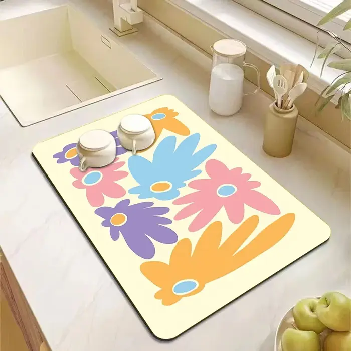 VIKAMA Tapis absorbant et antidérapant pour comptoir de cuisine, motif floral artistique, résistant 
