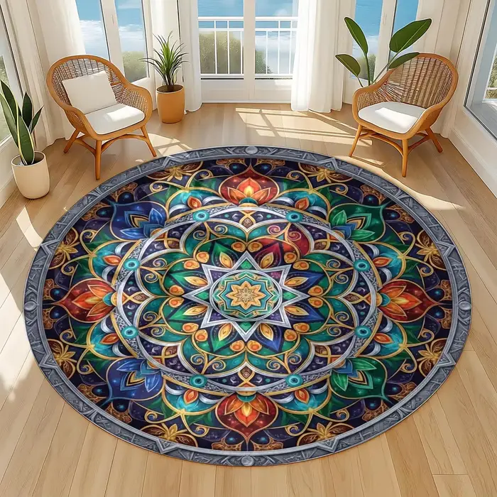 Tapis rond fleur de Lotus colibris et Mandala cosmique