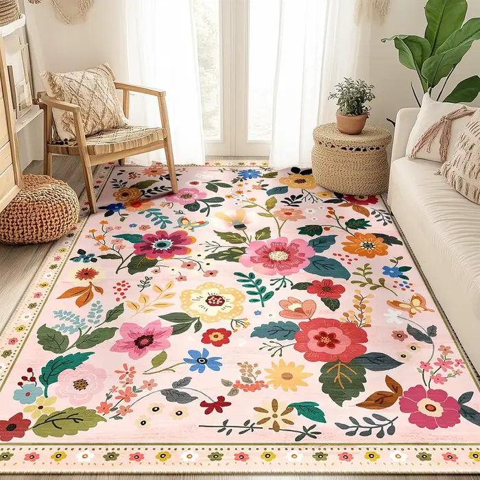 Tapis d'intérieur bohème rose à motifs floraux