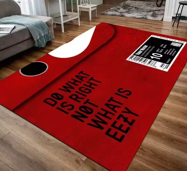 Tapis de sol culture sneaker, tapis de décoration intérieure avec typographie streetwear urbaine, tons noir et rouge, pour salon et chambre à coucher