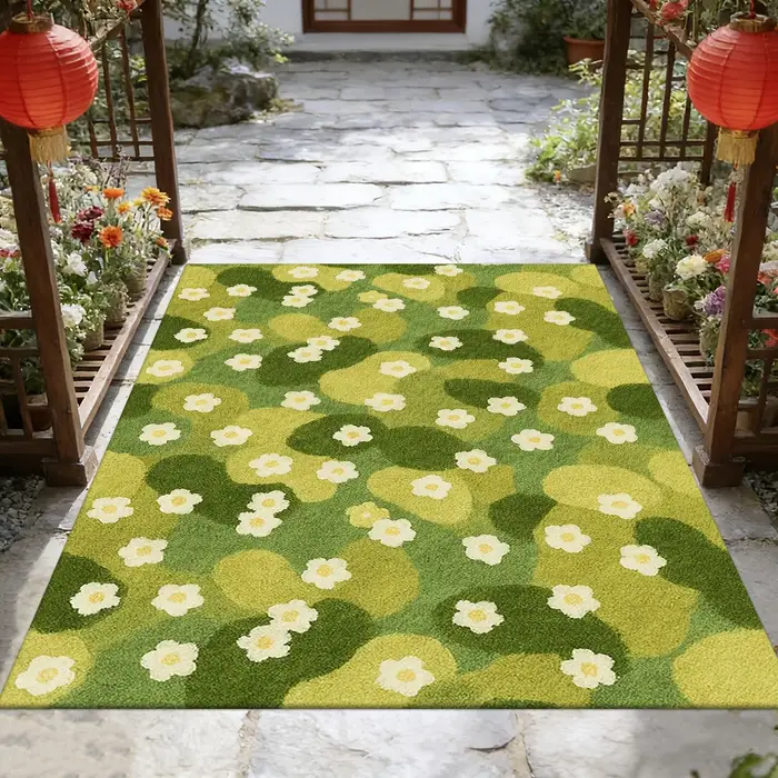 Tapis Décoratif Motif Champ Floral Vert Printemps Frais, Tapis de Sol à Imprimé Botanique Vif pour Aménagement Intérieur et Extérieur de la Cour et de la Maison