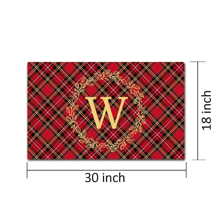 Tapis de porte personnalisé en Tartan de noël, nom de famille personnalisé, couronne de feuilles initiales, paillasson d'entrée, support en caoutchouc, antidérapant