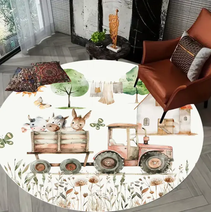 Tapis rond à motif d'animaux de la ferme de dessin animé