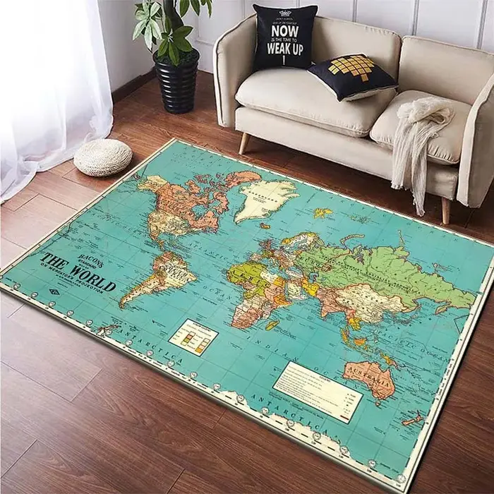 Tapis noir avec carte du monde scintillante, tapis de salon de Style moderne avec effet de veilleuse