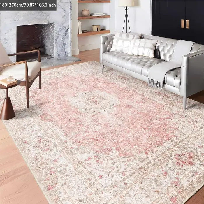 Tapis VIKAMA rose et à motifs persans vintage, ambiance de luxe léger, tapis de salon, tapis de chev