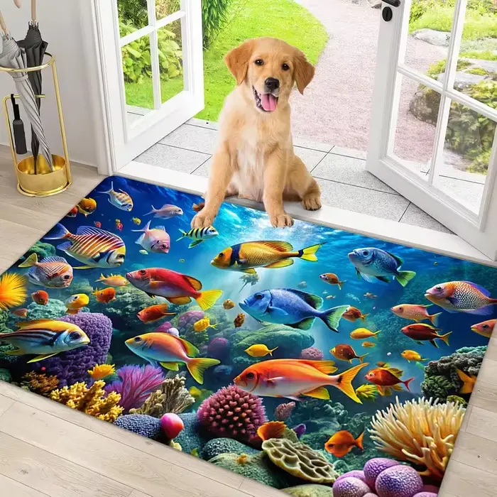 Tapis de sol décoratif pour la maison, motif groupe de poissons nageant librement dans le monde sous