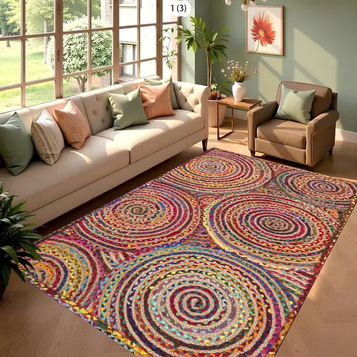 Tapis circulaire tressé à la main en chindi pour salon