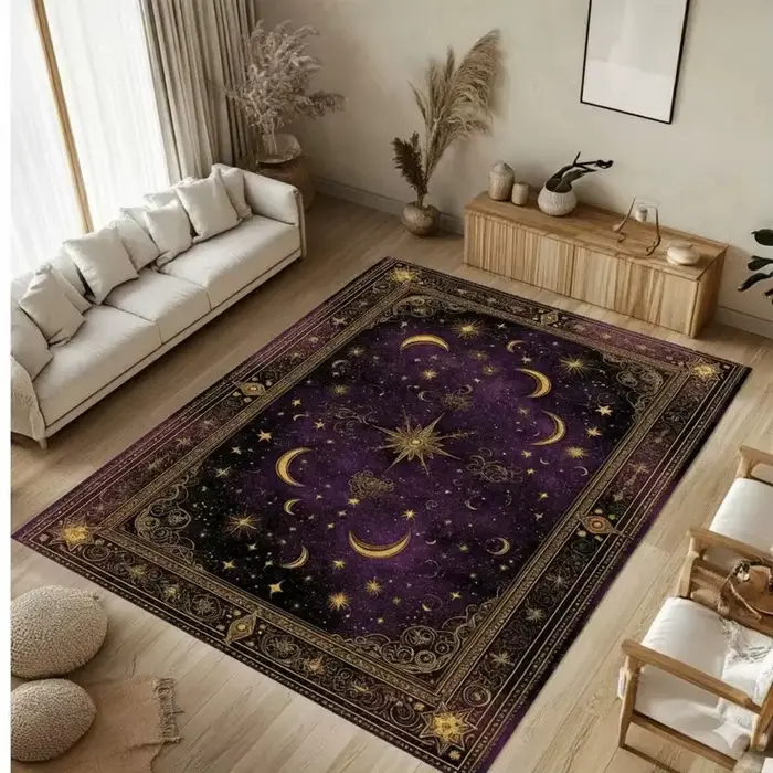 Tapis bohème violet Royal lune et étoiles, Design cosmique mystique avec motifs célestes dorés, pour