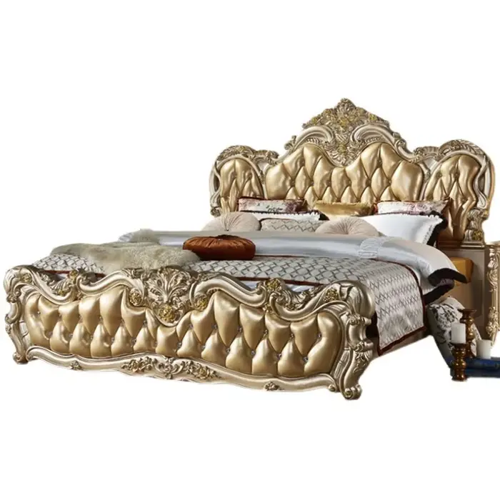 Ensemble de lit double de luxe européen doré, design pour chambre, petit lit double de luxe pour la maison, matelas en bois pour adultes, meubles pour la maison, lit