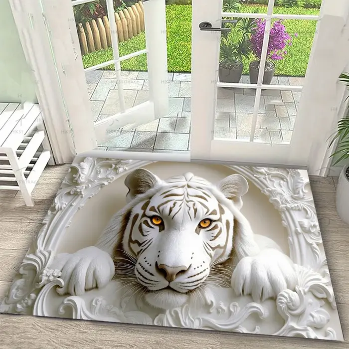 Tapis antidérapant 3D avec motif de tigre blanc en relief pour salon, chambre, entrée, cuisine, chambre d'enfant, salle de jeux, décoration de la maison