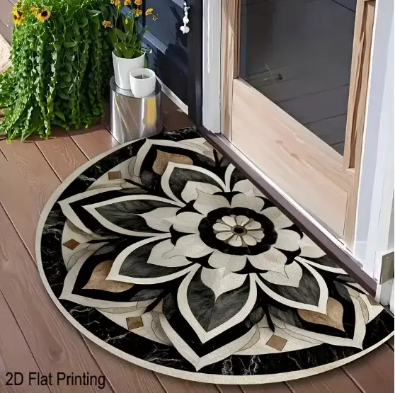 Tapis de porte à motif tournesol sur fond noir plat 2D avec design semi-circulaire, parfait pour l'e