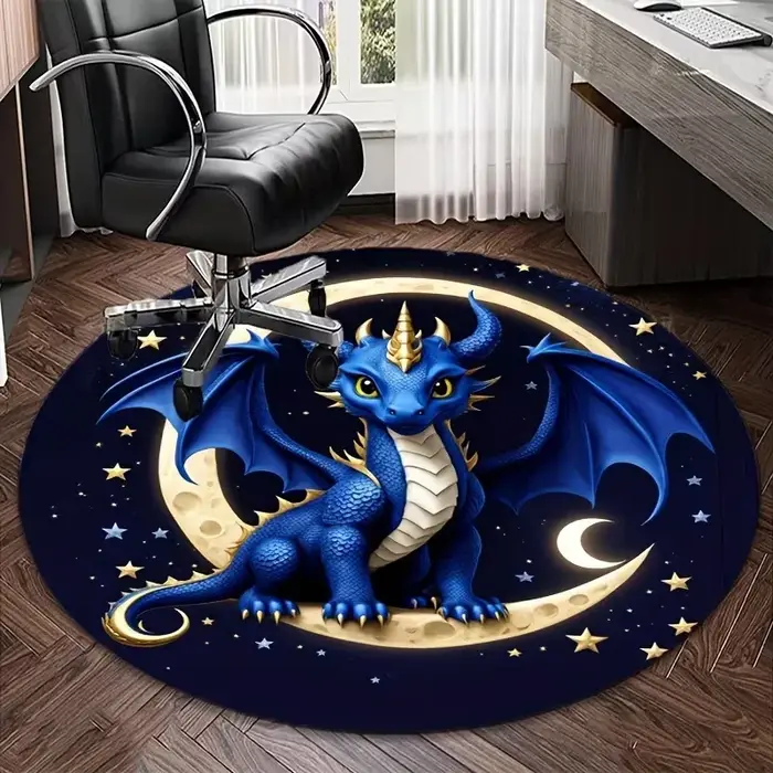 Tapis Dragon 3D gris argenté, créature fantastique, rond, avec détail Orange et noir, aile d'échelle