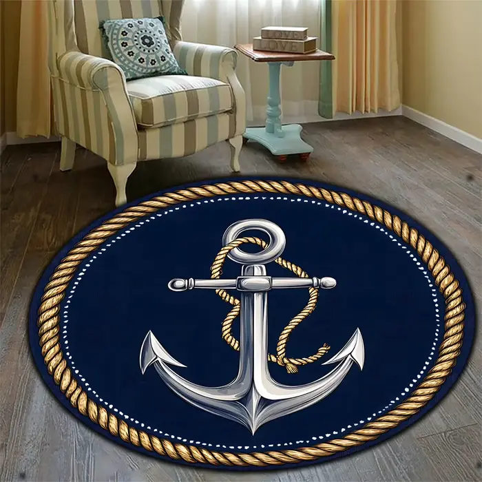 Tapis rond à motif d'ancre et de corde bleu marine