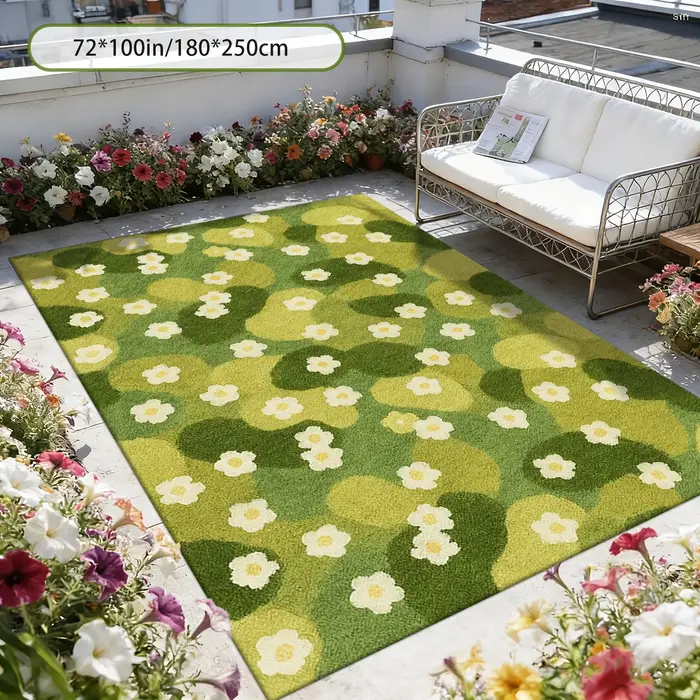 Tapis Décoratif Motif Champ Floral Vert Printemps Frais, Tapis de Sol à Imprimé Botanique Vif pour Aménagement Intérieur et Extérieur de la Cour et de la Maison