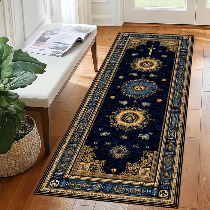 Tapis Triforce Runner Vintage Or et Bleu à Motifs Ornés Antidérapant pour Salon, Chambre, Couloir, D