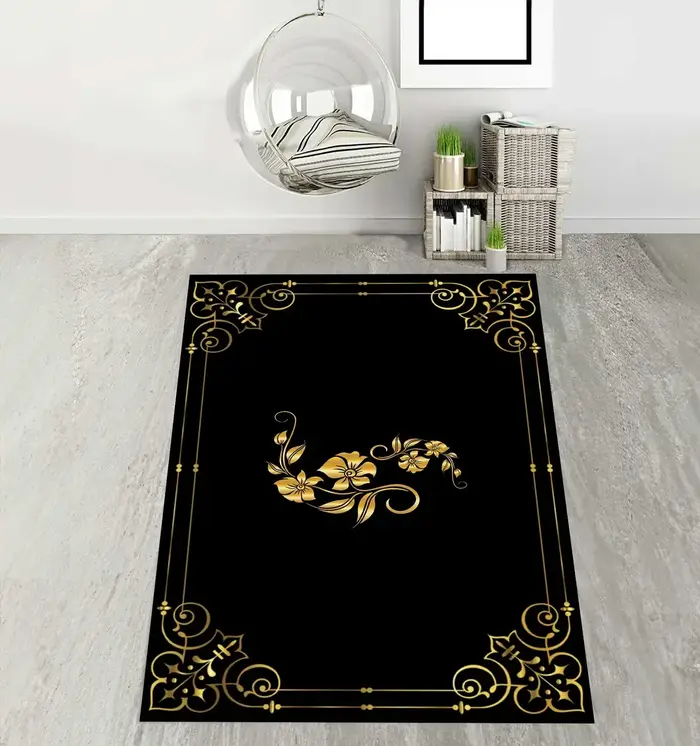 Tapis à Motif grec noir et doré, tapis de sol antidérapant à motif de marbre, adapté au salon, une chambre à coucher ou une décoration de la maison