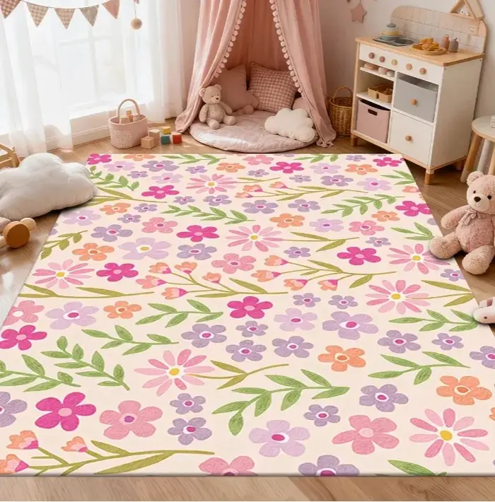 Tapis de sol Grand Format Motif Fleurs Sauvages Fraîches du Jardin, Impression Texturée Réaliste Gazon Vert et Marguerites Blanches, Idéal pour Salon