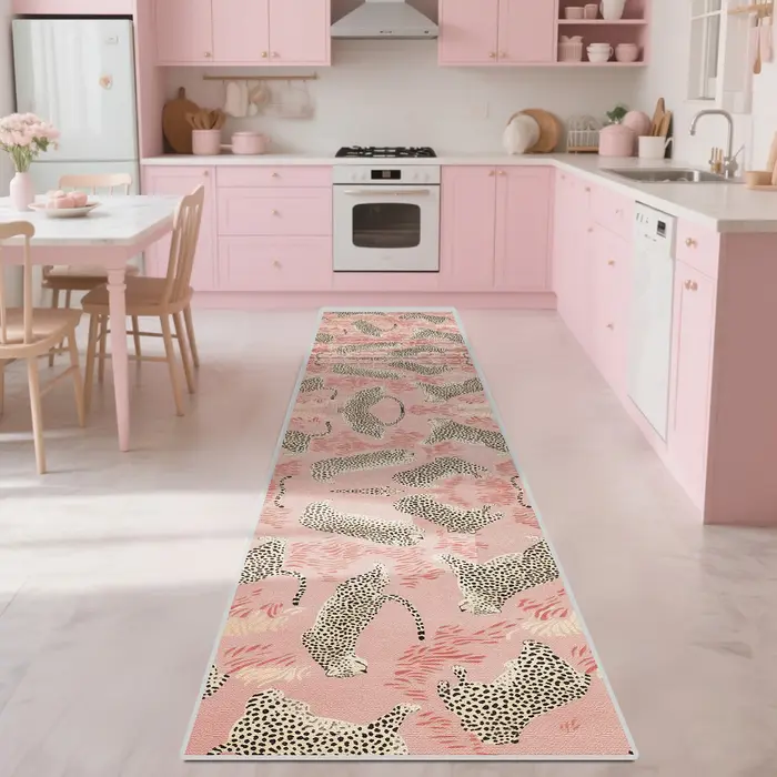 VIKAMA Tapis de couloir rose à imprimé léopard