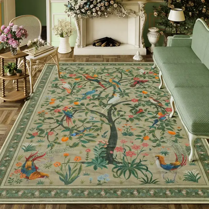 Tapis vert Olive Maximalist Jungle Bird pour salon