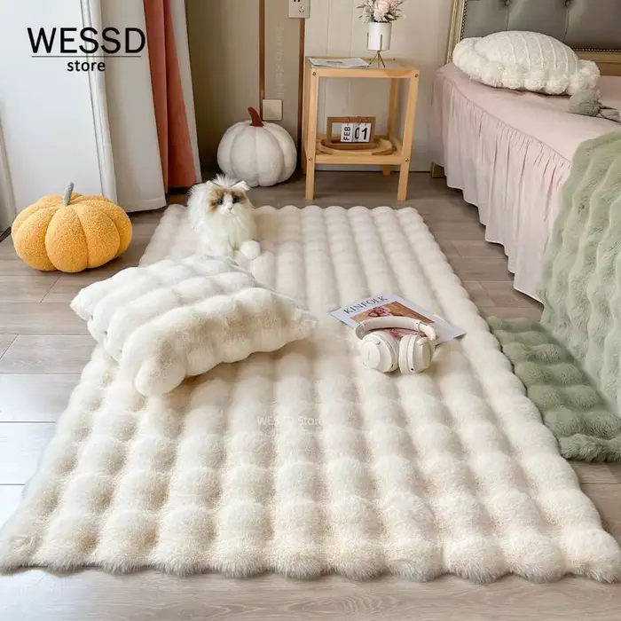 Tapis en Faux lapin pour chambre à coucher, tapis poilu et moelleux, lavable, Shaggy, doux, décorati