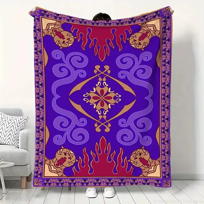 Couverture classique à imprimé tapis magique Aladdin, motif tapis magique flamme de tigre doré viole