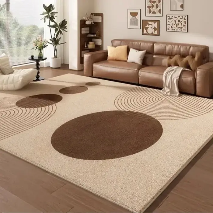 Tapis de sol grand format pour salon et chambre, beige et marron, motif abstrait lignes ondulées, imprimé en blocs, tapis doux, décoration moderne et minimaliste pour la maison