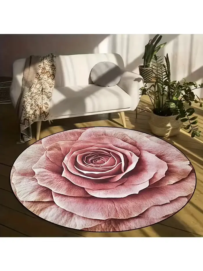Tapis rond rose doux, motif de fleurs réalistes