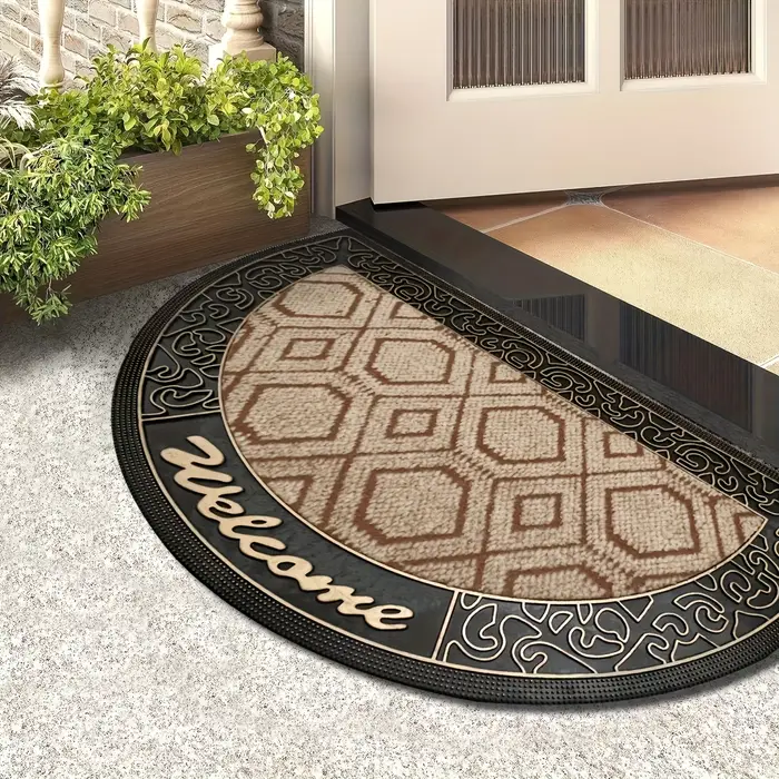 Tapis de bienvenue demi-rond rustique marron beige style ferme, décoration d'intérieur, paillasson antidérapant durable pour entrée