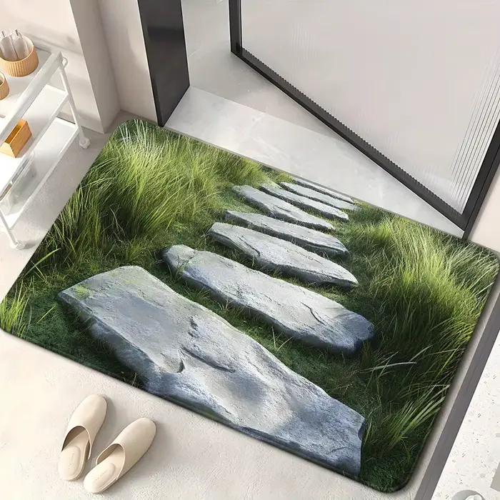 Tapis de sol réaliste avec motif de pelouse verte et de pierres, antidérapant, pour intérieur et ext