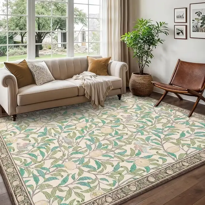 Tapis de salon bohème beige motif plante et oiseau