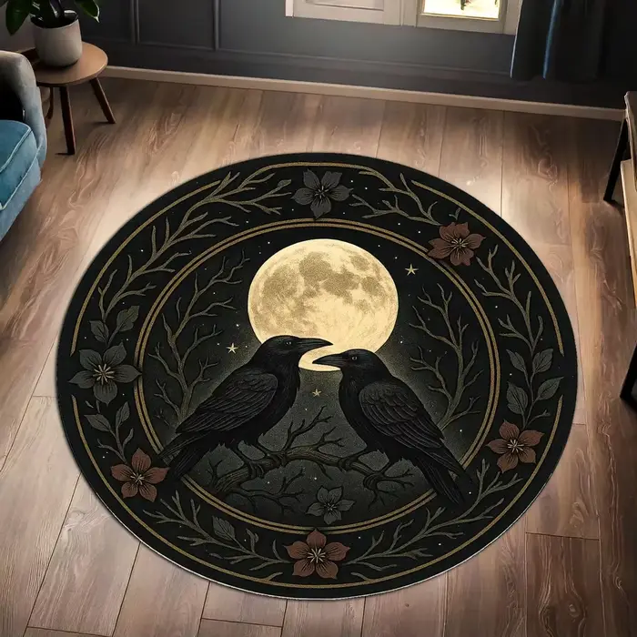 Tapis rond vintage avec motifs de corbeaux et de roses