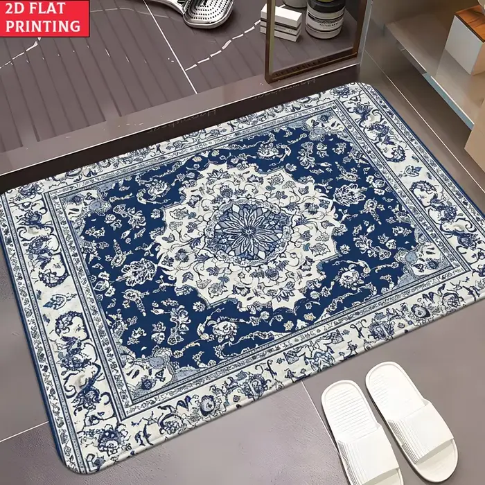 Tapis d'entrée vintage persan bleu et blanc Mandala