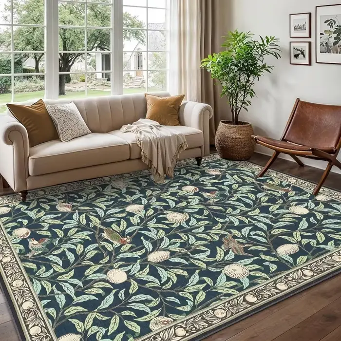 Tapis de salon bohème beige motif plante et oiseau