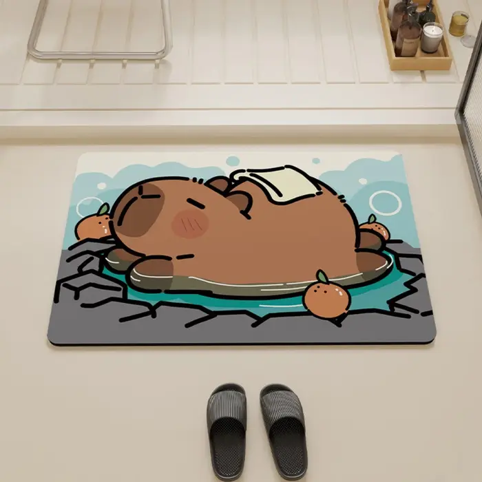 Tapis de sol de salle de bain Capybara mignon prenant un motif de bain